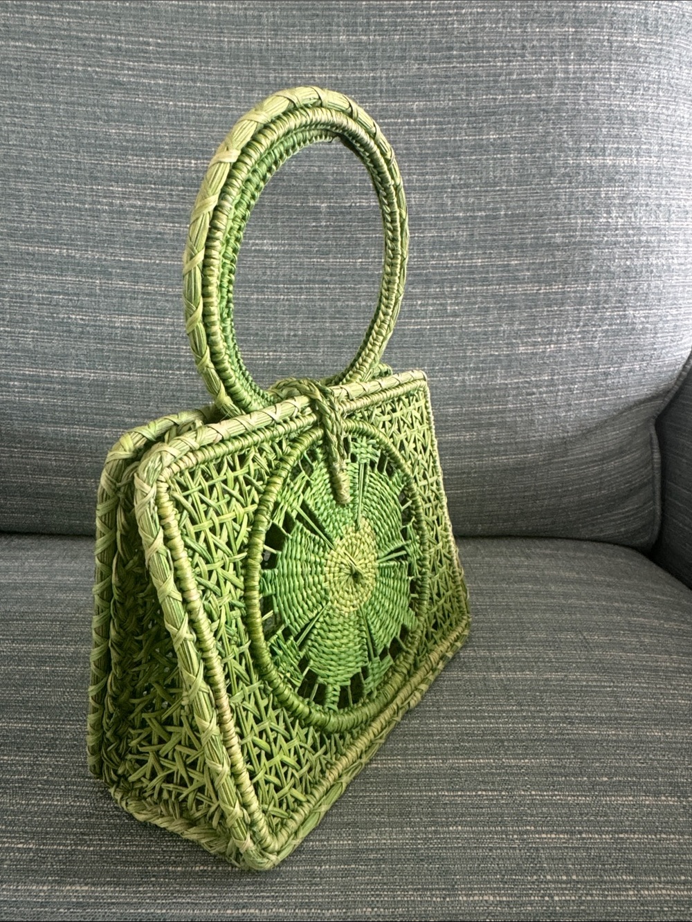 Green Woven Mini Straw Tote Bag with Circular Accent - Picture 2 of 2